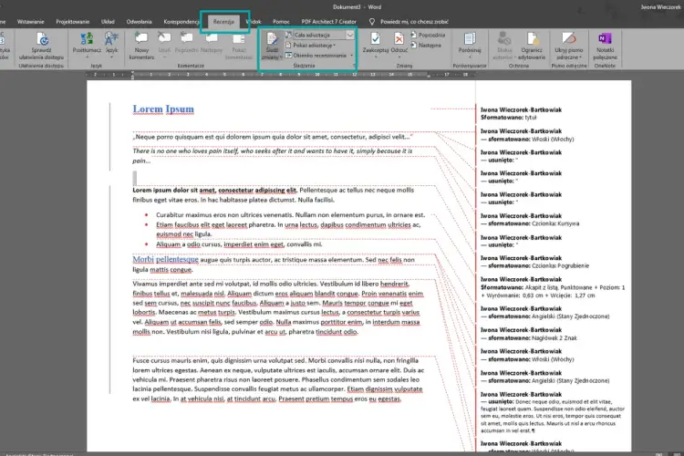 W zakładce "Recenzja" w Wordzie, w grupie "Śledzenie", kliknij "Śledź zmiany", aby wyłączyć tę funkcję.