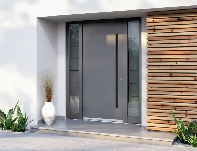 Nowoczesne drzwi aluminiowe zewnętrzne z przeszkleniami i drewnianą okładziną.