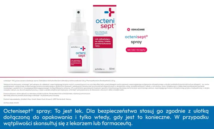 Octenisept spray do odkażania małych, powierzchownych ran. Domowe sposoby na przyspieszenie gojenia ran obejmują jego stosowanie.