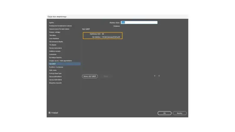 Ustawienia stylu GREP pokazują, jak przerzucić literę do następnego wiersza, stosując styl "nb" do tekstu.