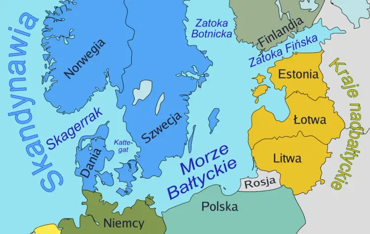Mapa pokazuje kraje bałtyckie: Litwę, Łotwę i Estonię, a także Polskę, Niemcy, Danię, Szwecję, Norwegię, Finlandię i Rosję nad Morzem Bałtyckim.
