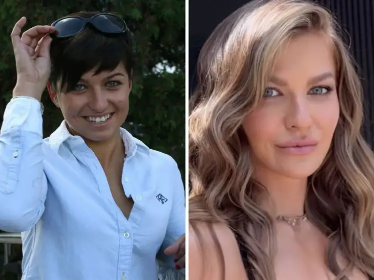 Anna Lewandowska kiedyś i dziś. Na pierwszym zdjęciu młoda sportsmenka z krótkimi włosami i okularami na głowie, na drugim - z długimi, falowanymi blond włosami.