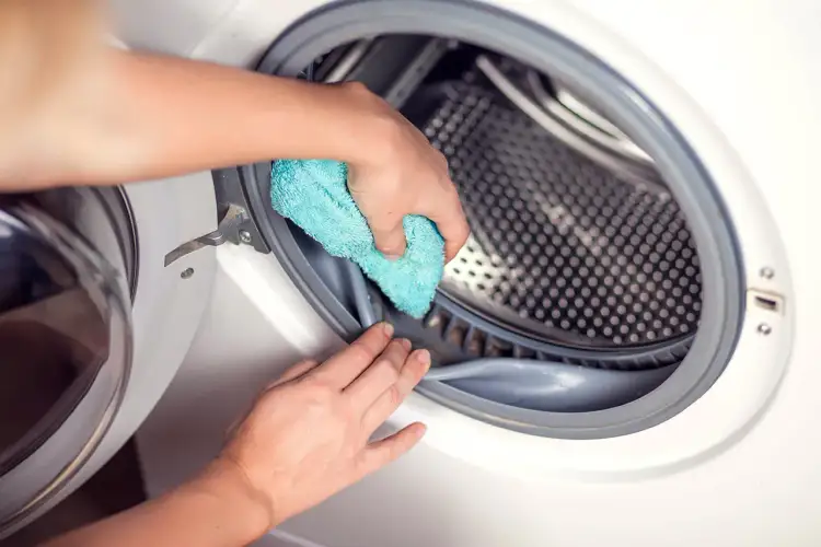 Czyszczenie uszczelki pralki zapobiega sytuacji, dlaczego pralka brudzi ubrania. Ręce wycierają gumę.