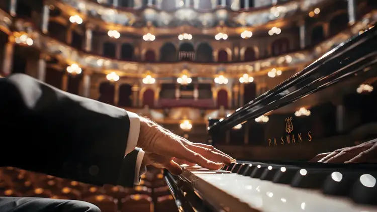 Dłonie muzyka grające na fortepianie w sali koncertowej. Marzenie o karierze w szkołach musicalowych Warszawa zaczyna się od takich chwil.