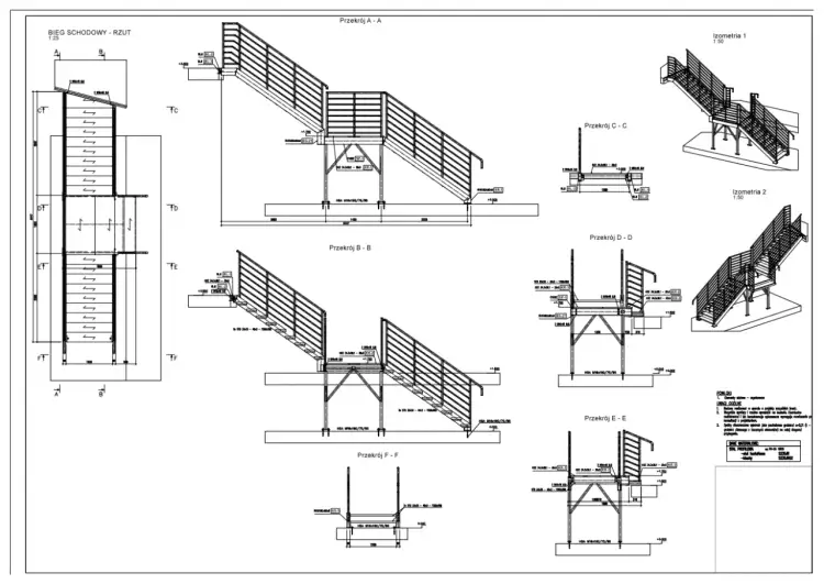 Rysunek techniczny pokazuje, jak oznaczyć schody na przekrojach i rzutach, z wymiarami i detalami konstrukcyjnymi.