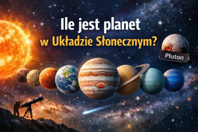 Słońce i planety Układu Słonecznego, w tym Ziemia i Jowisz. Obok Plutona napis "Pluton". Ile jest planet?