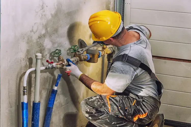 Hydraulik w żółtym kasku reguluje zawory. Zastanawiasz się, ile kosztuje punkt hydrauliczny?