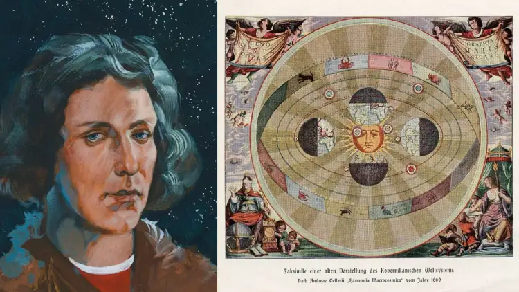 Portret Kopernika obok zabytkowego schematu heliocentrycznego układu planetarnego.
