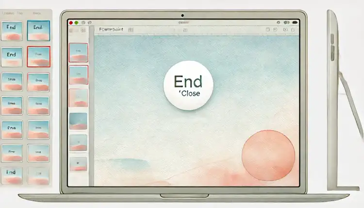 Prezentacja z napisem "End 'Close'" na ekranie laptopa. Po lewej stronie widok miniatur slajdów, wszystkie z podobnym motywem. Idealne, by zakończyć prezentację.