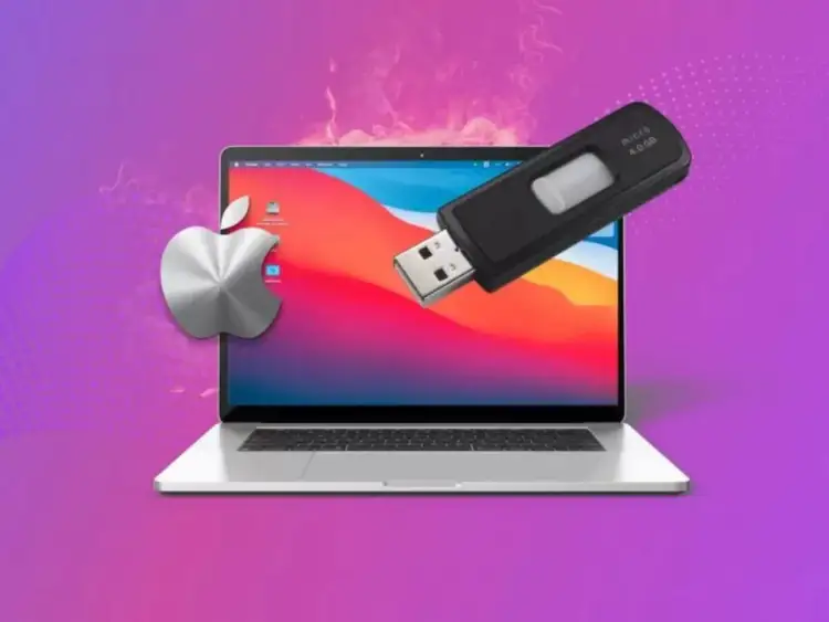 MacBook nie widzi pendrive. Metalowe logo Apple obok laptopa z podłączonym pendrivem, sugerujące problem z odczytem danych.