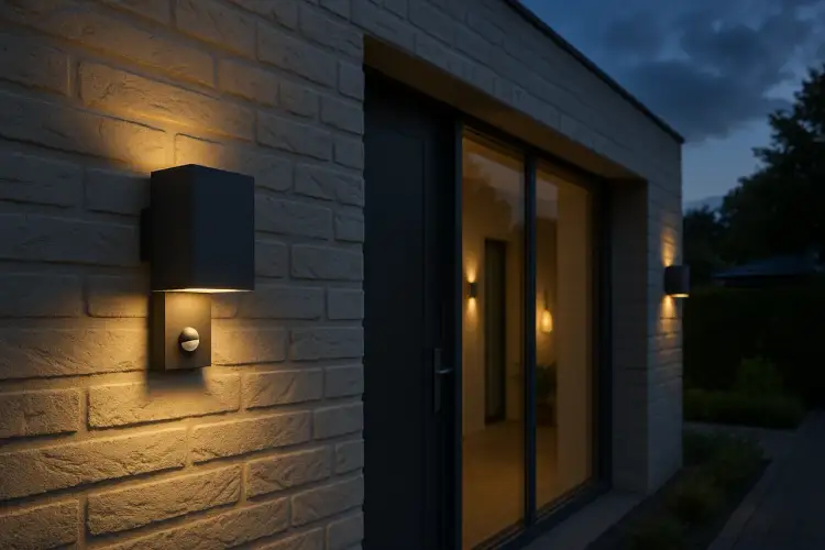 Nowoczesna lampa led ścienna oświetla ceglaną ścianę domu, tworząc ciepłą atmosferę.