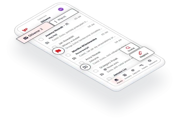 Na ekranie telefonu widać skrzynkę odbiorczą wp pl poczta mini. Lista wiadomości od Joanny Nowak, Jana Kowalskiego i Moniki Wiśniewskiej.