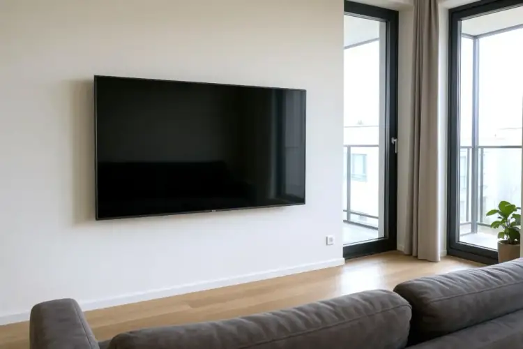 Nowoczesny salon z dużym telewizorem na ścianie. Idealna wysokość, by wygodnie oglądać filmy z kanapy. Jak wysoko wieszać tv? Tu jest przykład.