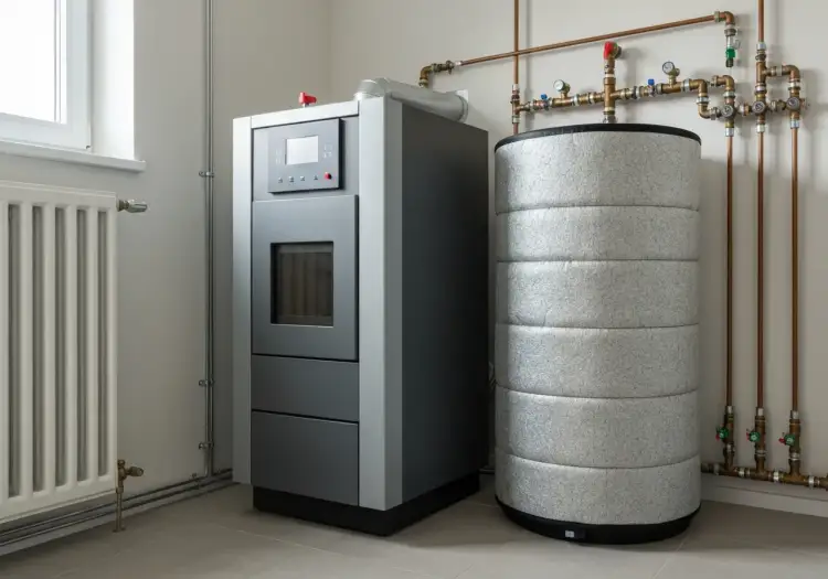 Nowoczesny piec na pellet z zasobnikiem, który działa jak bufor ciepła, zapewniając stałą temperaturę w domu.