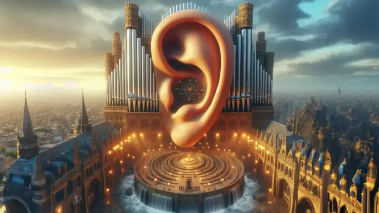 Gigantyczne ucho nad miastem, gdzie organy i amfiteatr symbolizują słuch absolutny.