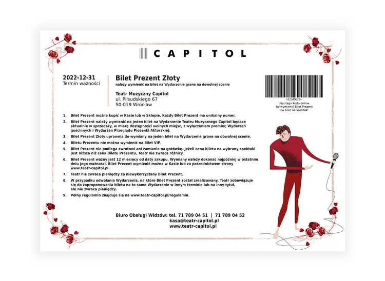 Złoty Bilet Prezent Teatru Muzycznego Capitol. Ważny do 31-12-2022. Wymień na bilet na dowolne wydarzenie.