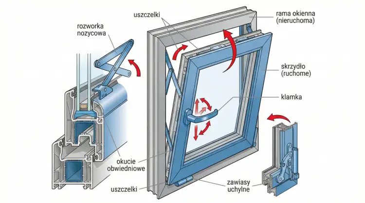 Ilustracja okna z ukrytymi zawiasami, mechanizmem nożycowym i przekrojem profilu.