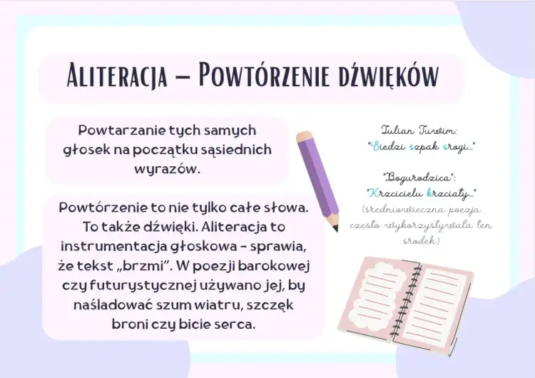 Aliteracja co to? Powtarzanie głosek na początku wyrazów. Wiersze jak "Siedzi szpak srogi" czy "Krzcicielu krzciaty" to przykłady.