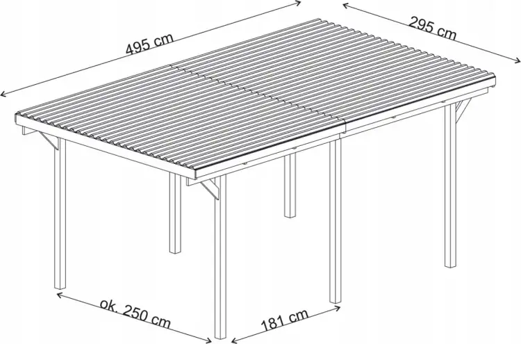 Wymiary wiaty na dwa samochody: 495 cm długości, 295 cm szerokości, ok. 250 cm wysokości.