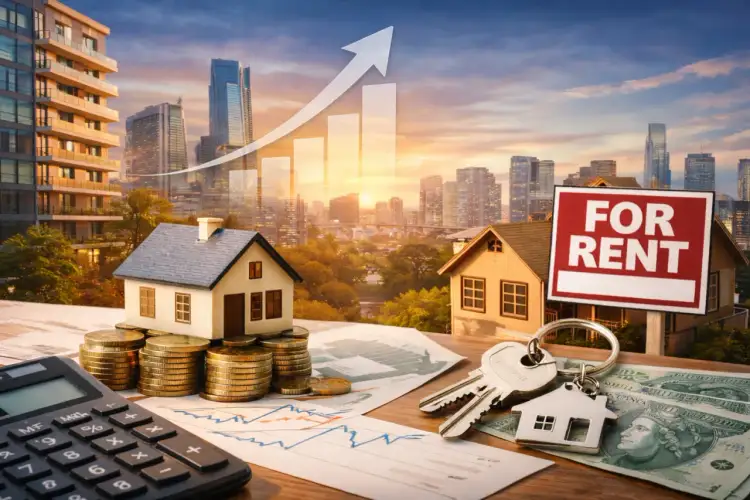 Modele domów, stosy monet, klucze i kalkulator na tle miasta. Zastanawiasz się, kiedy warto wynająć, a kiedy kupić mieszkanie?