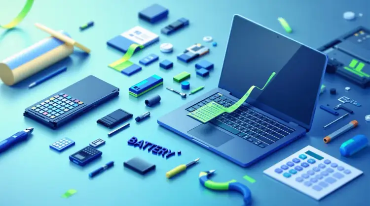 Czy można wymienić baterię w tablecie? Na zdjęciu widać laptop, kalkulator, długopisy i różne moduły, sugerujące możliwość wymiany baterii.
