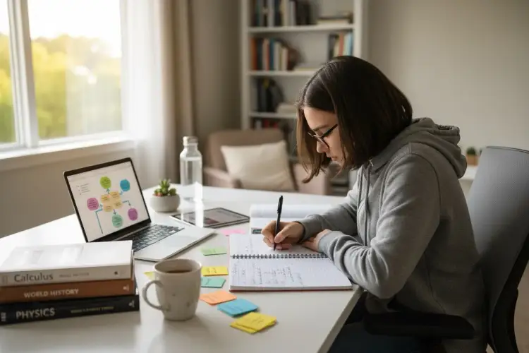 Dziewczyna uczy się, jak napisać program nauczania, notując w zeszycie i korzystając z laptopa z diagramem.