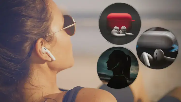 Kobieta z AirPods w uchu, obok okręgi z etui i słuchawkami.