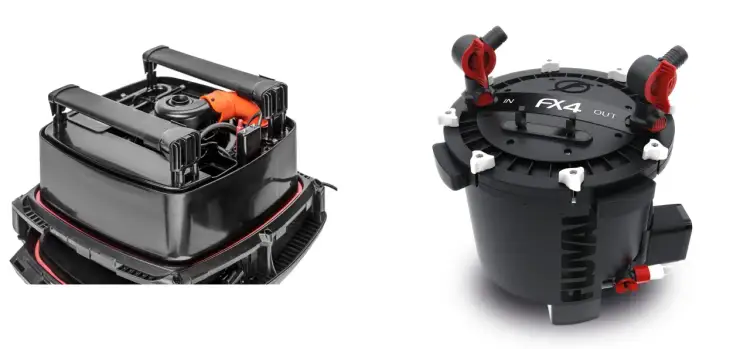 Pokazano części filtra kubełkowego Fluval FX4. Dowiedz się, jak prawidłowo ustawić filtr w akwarium, by zapewnić czystą wodę.