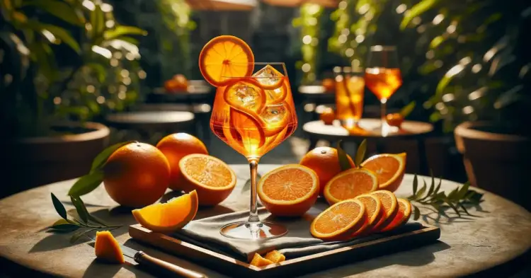 Orzeźwiający drink z Metaxą, udekorowany plastrami pomarańczy i lodem, na tle ogrodu. Idealny na letnie popołudnie.