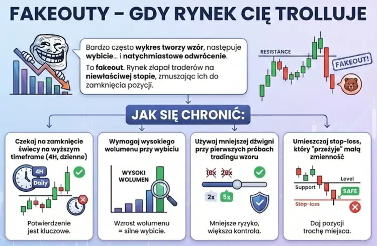 Jak grać na giełdzie kryptowalut, unikając pułapek (fakeoutów). Poradnik pokazuje, jak chronić się przed fałszywymi wybiciami, czekając na zamknięcie świecy, analizując wolumen i używając stop-loss.