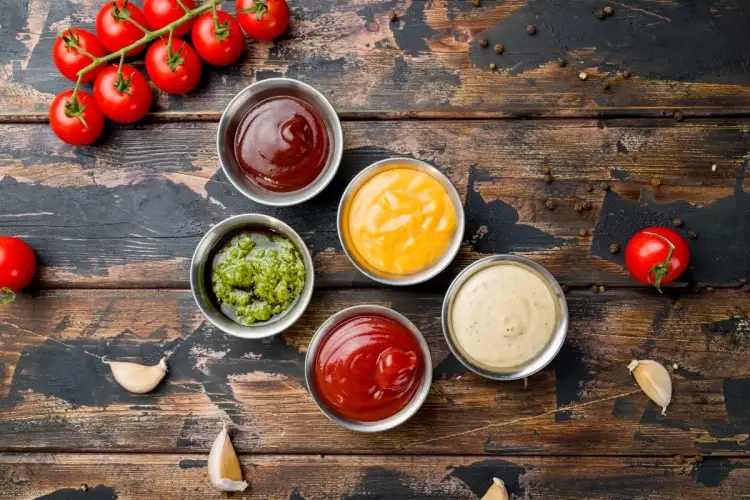Pięć sosów do grilla: ketchup, musztarda, sos czosnkowy, sos barbecue i zielony sos. Obok pomidory i czosnek.