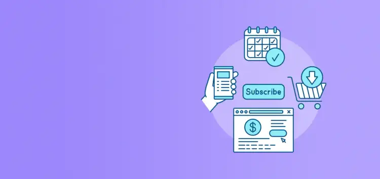 Czy handel w modelu subskrypcyjnym to przyszłość zakupów domowych? Ikony symbolizują subskrypcję, płatność i koszyk.