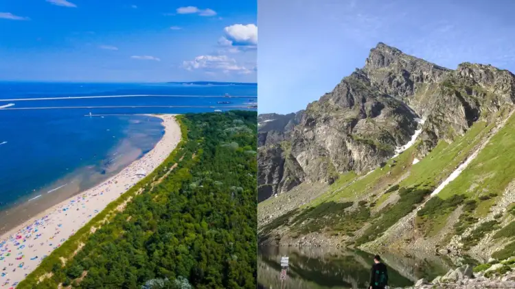 Ośrodek wypoczynkowy panorama: plaża nad morzem i górskie jezioro z Tatrami w tle.