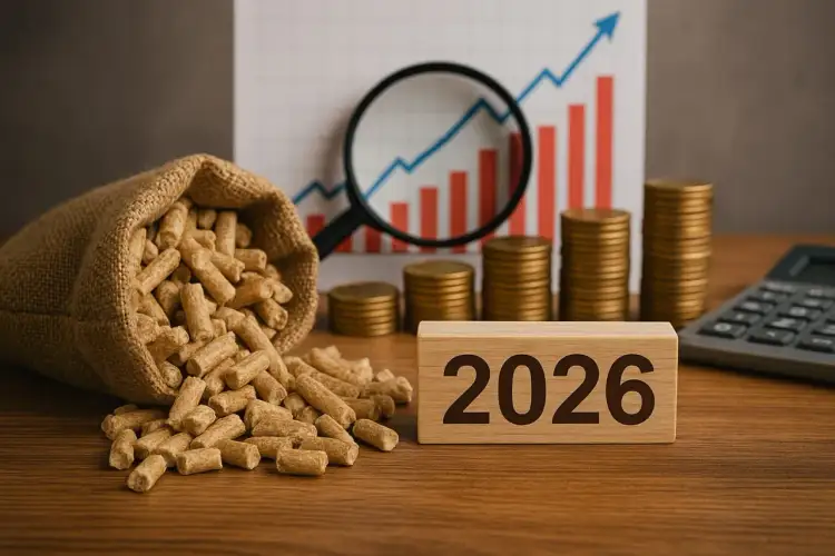 Analiza czynników, co wpływa na cenę peletu w 2026 roku: worek z peletem, wykres wzrostu, monety, lupa i kalkulator.
