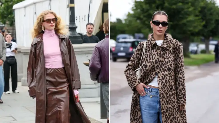 Kobiety w modnych stylizacjach. Czy sztuczne futra są modne? Jedna w brązowym płaszczu, druga w panterkę.