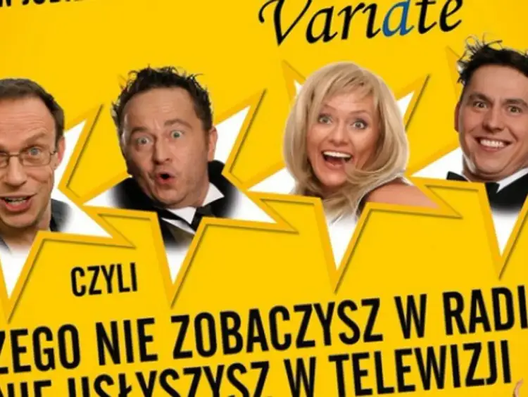 Czterech rozbawionych artystów, czy kabaret pod Wyrwigroszem jeszcze istnieje? Tekst sugeruje, że ich występy są unikalne.