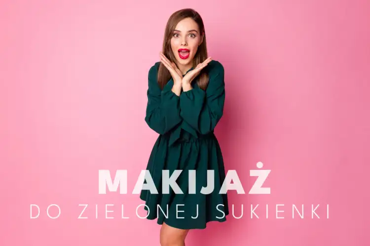 Zachwycona kobieta w zielonej sukience, z ustami pomalowanymi na czerwono, prezentuje inspiracje na makijaż do zielonej sukienki.