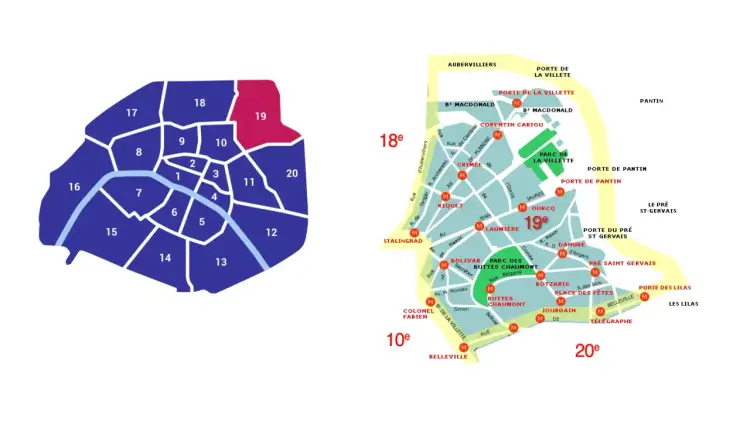 Mapa Paryża z zaznaczonymi dzielnicami. Dzielnica 19. jest wyróżniona kolorem różowym, sugerującym bezpieczne dzielnice Paryża.