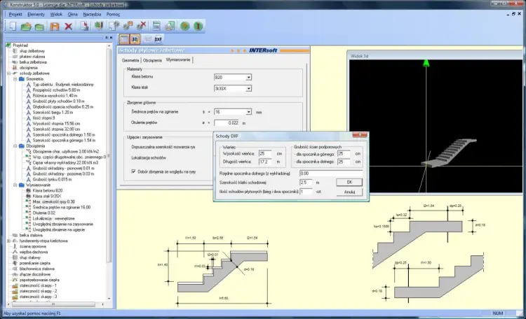 Zbrojenie schodów żelbetowych rysunki techniczne. Program do projektowania schodów, widok 3D i przekroje.