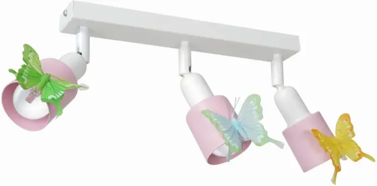 Urocza lampa wisząca z motylkami w kolorach zielonym, niebieskim i żółtym, ozdabiająca różowe klosze.