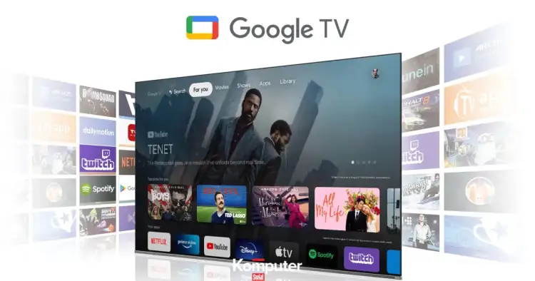 Telewizor Philips z Google TV, pokazujący interfejs z filmami i aplikacjami. Dowiedz się, jak zainstalować Google Play na telewizorze Philips.