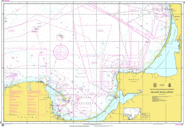 Mapa morska Bałtyku Południowo-Wschodniego od Łeby do Kłajpedy. Pokazuje głębokość, szlaki żeglugowe i niebezpieczeństwa.