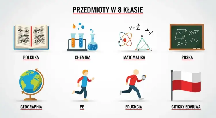 Ilustracje przedstawiające przedmioty w ósmej klasie: książka, probówki, atom, tablica, globus, biegacze, flaga Polski.