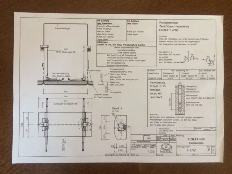 Plan fundamentu pod podnośnik dwukolumnowy ECONLIFT 6500, z wymiarami i detalami montażu.