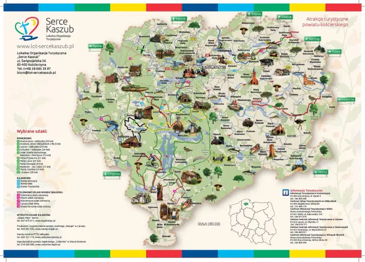 Mapa turystyczna powiatu kościerskiego, pokazująca gdzie są Kaszuby, z zaznaczonymi szlakami rowerowymi, kajakowymi i pieszymi.