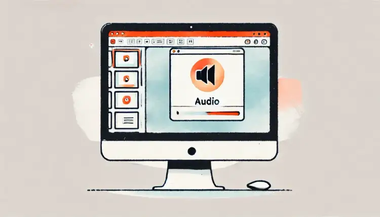 Komputer z oknem "Audio" i ikoną głośnika. Dowiedz się, jak wstawić muzykę do prezentacji.