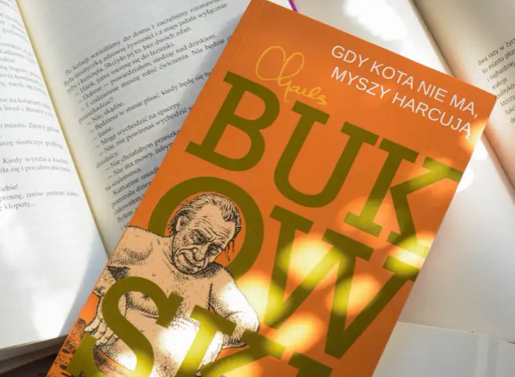 Okładka książki "Gdy kota nie ma, myszy harcują" z rysunkiem mężczyzny i dużym napisem.