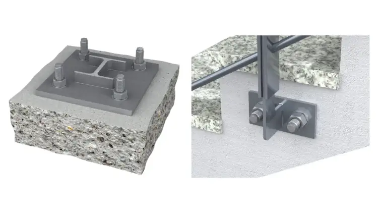 Solidne mocowanie balustrady od czoła do betonu i ściany. Detale techniczne połączeń śrubowych.
