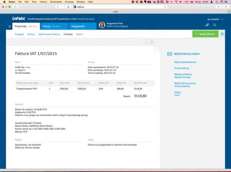 Faktura VAT z 2015-07-01. Programowanie PHP za 2560 zł netto, VAT 23% (588,80 zł). Razem 3148,80 zł. Pokazuje jak obliczyć podatek VAT.