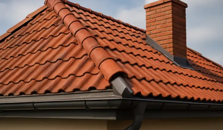 Ceglana dachówka tworzy falisty wzór na dachu, a obok wznosi się komin. To właśnie opierzenie dachu chroni przed wodą.